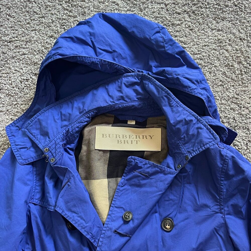 Burberry Brit Mid Length Belted Trench Coat Hooded Cobalt Blue Women’s Small - Picture 3 of 9
